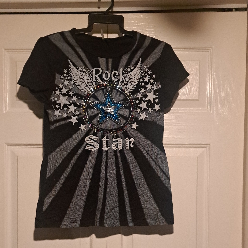 Rock Black Graphic Tee with Blue Star and Silver Accents & Bling